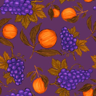 Meyveli, limonlu, portakallı, üzümlü ve narlı yaratıcı kusursuz desen. Yağlı boya etkisi. Parlak yaz baskısı. Her amaç için harika bir tasarım