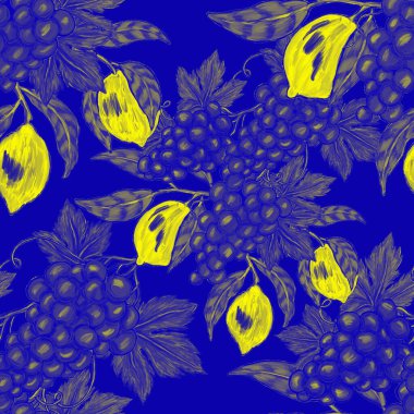 Meyveli, limonlu, portakallı, üzümlü ve narlı yaratıcı kusursuz desen. Yağlı boya etkisi. Parlak yaz baskısı. Her amaç için harika bir tasarım