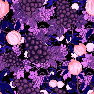 Meyveli, limonlu, portakallı, üzümlü ve narlı yaratıcı kusursuz desen. Yağlı boya etkisi. Parlak yaz baskısı. Her amaç için harika bir tasarım