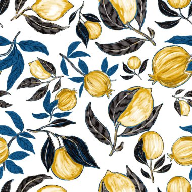 Meyveli, limonlu, portakallı, üzümlü ve narlı yaratıcı kusursuz desen. Yağlı boya etkisi. Parlak yaz baskısı. Her amaç için harika bir tasarım