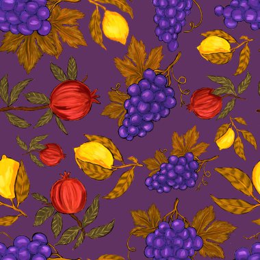 Meyveli, limonlu, portakallı, üzümlü ve narlı yaratıcı kusursuz desen. Yağlı boya etkisi. Parlak yaz baskısı. Her amaç için harika bir tasarım