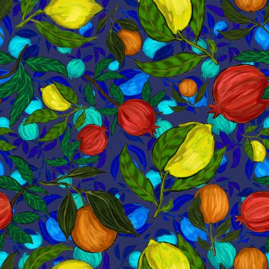 Meyveli, limonlu, portakallı, üzümlü ve narlı yaratıcı kusursuz desen. Yağlı boya etkisi. Parlak yaz baskısı. Her amaç için harika bir tasarım