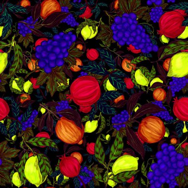 Meyveli, limonlu, portakallı, üzümlü ve narlı yaratıcı kusursuz desen. Yağlı boya etkisi. Parlak yaz baskısı. Her amaç için harika bir tasarım