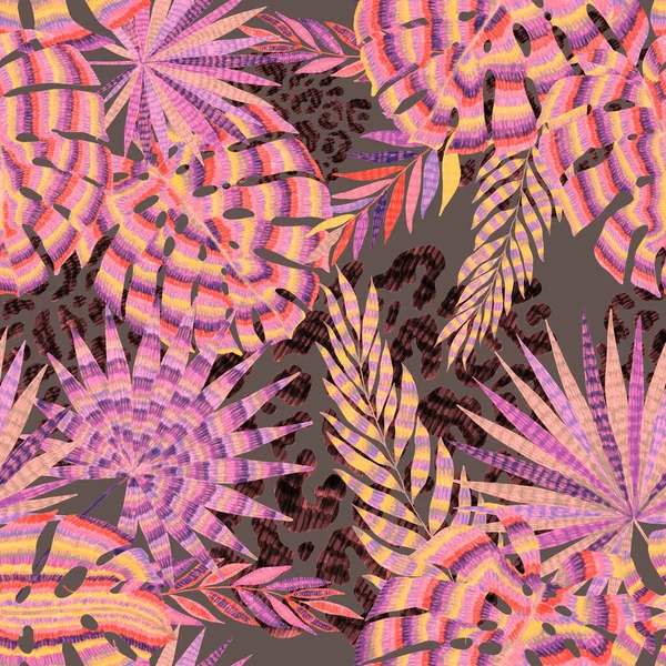 Σύγχρονη Αφηρημένη Αδιάλειπτη Μοτίβο Δημιουργική Πολύχρωμα Τροπικά Φύλλα Και Κηλίδες — Φωτογραφία Αρχείου