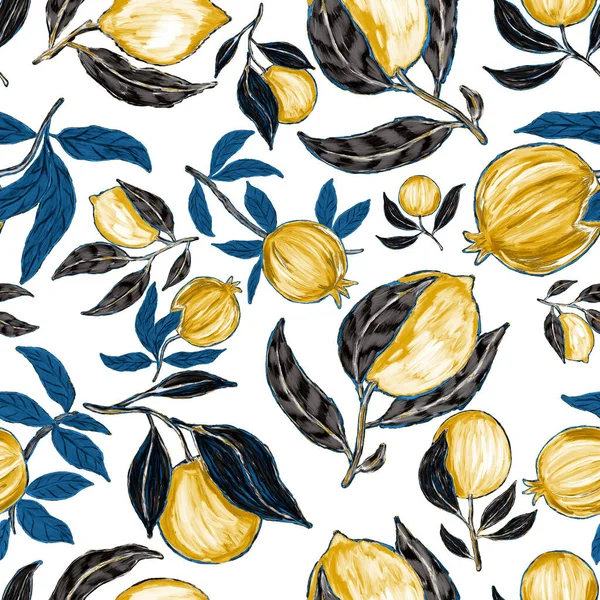 Kreativt Sömlöst Mönster Med Frukt Citroner Apelsiner Druvor Och Granatäpplen — Stockfoto