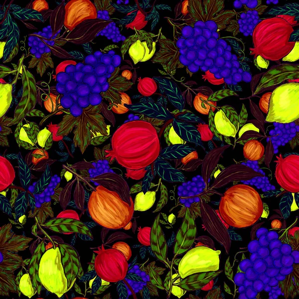 Meyveli, limonlu, portakallı, üzümlü ve narlı yaratıcı kusursuz desen. Yağlı boya etkisi. Parlak yaz baskısı. Her amaç için harika bir tasarım