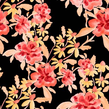 Bahar çiçekleriyle suluboya kusursuz desen. Klasik botanik çizimi. Her türlü tasarım için zarif bir dekorasyon. Renkli ve soyut çiçekli moda baskısı. Suluboya dokusu.