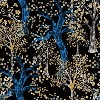 Çiçek açan bahar ağaçlarıyla suluboya kusursuz desen. El çizimi soyut manzara arka planı. Her tür tasarım için güzel bir bahar baskısı.