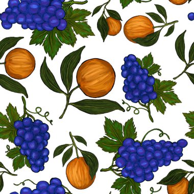 Meyveli, limonlu, portakallı, üzümlü ve narlı yaratıcı kusursuz desen. Yağlı boya etkisi. Parlak yaz baskısı. Her amaç için harika bir tasarım