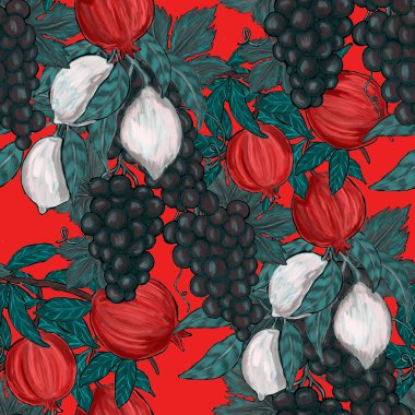 Meyveli, limonlu, portakallı, üzümlü ve narlı yaratıcı kusursuz desen. Yağlı boya etkisi. Parlak yaz baskısı. Her amaç için harika bir tasarım