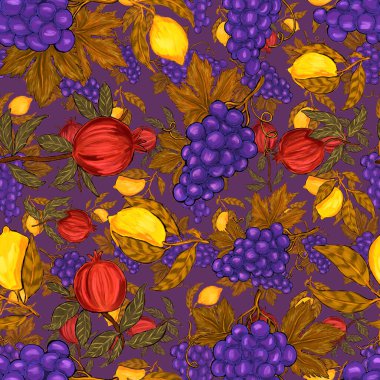 Meyveli, limonlu, portakallı, üzümlü ve narlı yaratıcı kusursuz desen. Yağlı boya etkisi. Parlak yaz baskısı. Her amaç için harika bir tasarım