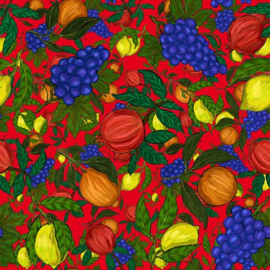Meyveli, limonlu, portakallı, üzümlü ve narlı yaratıcı kusursuz desen. Yağlı boya etkisi. Parlak yaz baskısı. Her amaç için harika bir tasarım