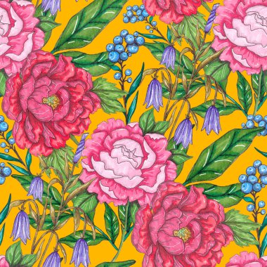 Çiçek buketli suluboya desenli. Klasik botanik çizimi. Her türlü tasarım için zarif bir dekorasyon. Renkli ve soyut çiçekli moda baskısı. Suluboya dokusu.