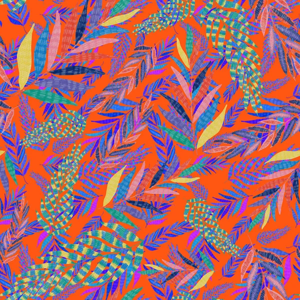 现代抽象无缝图案与创意五彩斑斓的热带树叶 复古明亮的夏天背景 丛生叶图 泳衣的植物设计 老式异国情调印刷品 — 图库照片