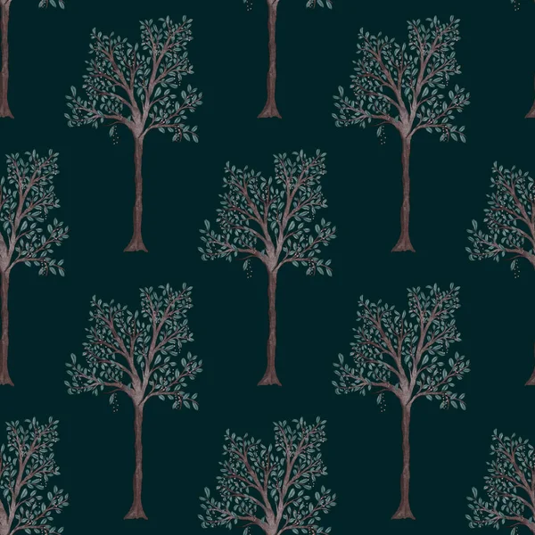 Padrão Sem Costura Aquarela Com Árvores Primavera Florescendo Mão Desenhado — Fotografia de Stock