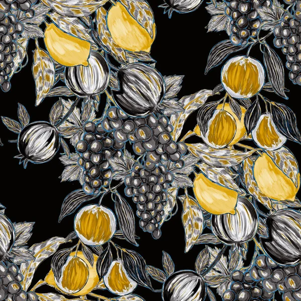 Kreativt Sömlöst Mönster Med Frukt Citroner Apelsiner Druvor Och Granatäpplen — Stockfoto