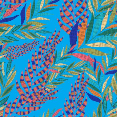 Yaratıcı renkli tropikal yaprakları olan modern, soyut, pürüzsüz desen. Geçmişe dönük parlak yaz geçmişi. Orman yaprakları çizimi. Mayo botanik tasarımı. Antika egzotik baskı.