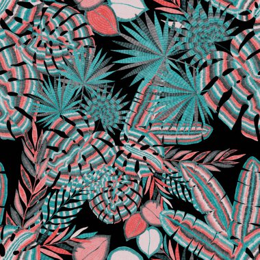 Yaratıcı renkli tropikal yaprakları olan modern, soyut, pürüzsüz desen. Geçmişe dönük parlak yaz geçmişi. Orman yaprakları çizimi. Mayo botanik tasarımı. Antika egzotik baskı.