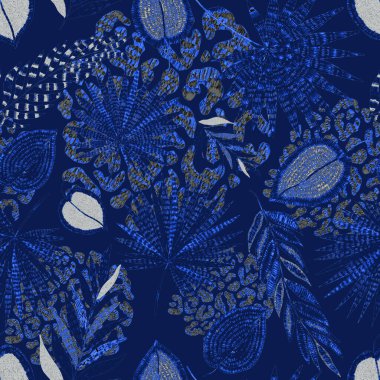 Yaratıcı renkli tropikal yaprakları ve leopar benekleri olan modern soyut ve pürüzsüz desen. Geçmişe dönük parlak yaz geçmişi. Orman yaprakları çizimi. Mayo botanik tasarımı. Antika egzotik baskı.