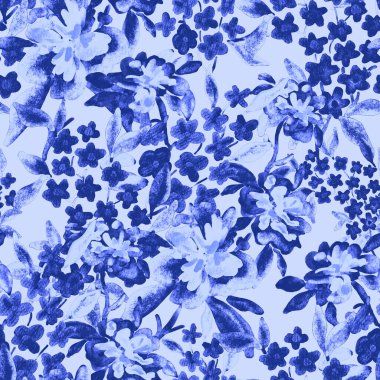 Bahar çiçekleriyle suluboya kusursuz desen. Klasik botanik çizimi. Her türlü tasarım için zarif bir dekorasyon. Renkli ve soyut çiçekli moda baskısı. Suluboya dokusu.