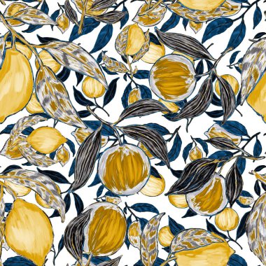 Meyveli, limonlu, portakallı, üzümlü ve narlı yaratıcı kusursuz desen. Yağlı boya etkisi. Parlak yaz baskısı. Her amaç için harika bir tasarım