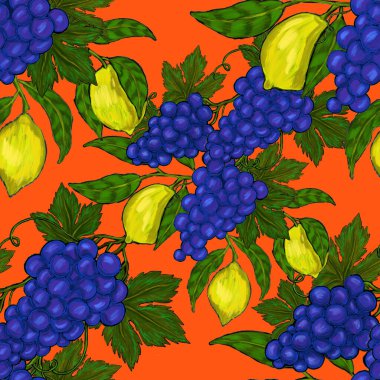 Meyveli, limonlu, portakallı, üzümlü ve narlı yaratıcı kusursuz desen. Yağlı boya etkisi. Parlak yaz baskısı. Her amaç için harika bir tasarım