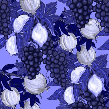 Meyveli, limonlu, portakallı, üzümlü ve narlı yaratıcı kusursuz desen. Yağlı boya etkisi. Parlak yaz baskısı. Her amaç için harika bir tasarım