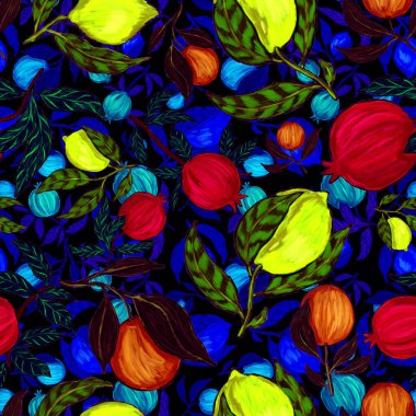 Meyveli, limonlu, portakallı, üzümlü ve narlı yaratıcı kusursuz desen. Yağlı boya etkisi. Parlak yaz baskısı. Her amaç için harika bir tasarım