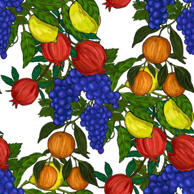Meyveli, limonlu, portakallı, üzümlü ve narlı yaratıcı kusursuz desen. Yağlı boya etkisi. Parlak yaz baskısı. Her amaç için harika bir tasarım