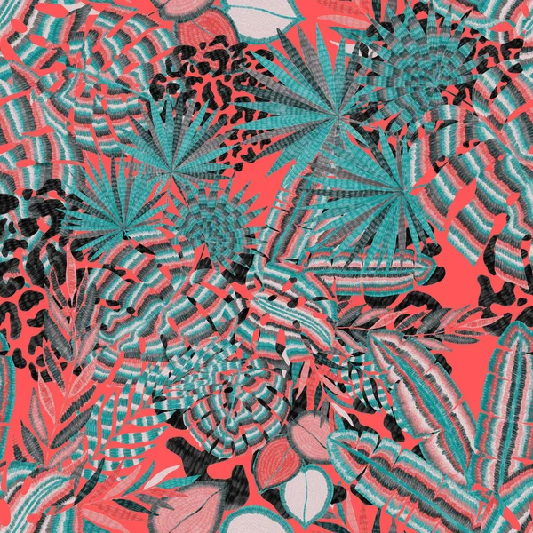 Yaratıcı Renkli Tropikal Yaprakları Leopar Benekleri Olan Modern Soyut Pürüzsüz — Stok fotoğraf