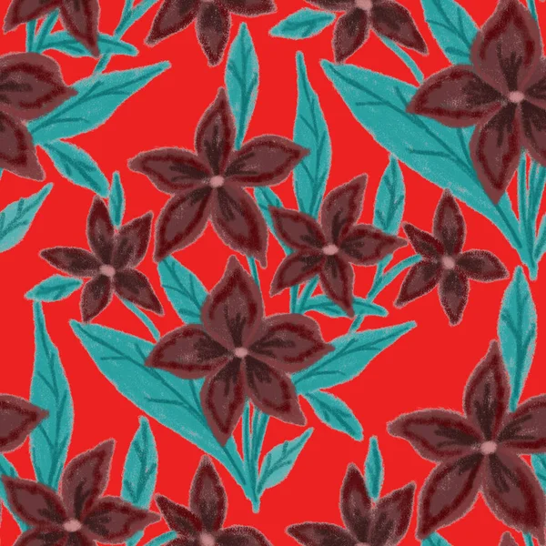 ワックスクレヨンで描かれた抽象的な花と創造的なシームレスなパターン 明るい色の花 Print — ストック写真
