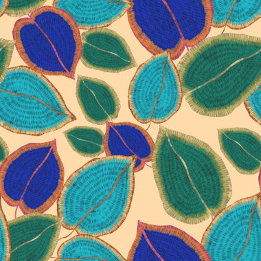 Yaratıcı renkli tropikal yaprakları olan modern, soyut, pürüzsüz desen. Geçmişe dönük parlak yaz geçmişi. Orman yaprakları çizimi. Mayo botanik tasarımı. Antika egzotik baskı.