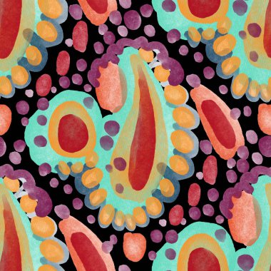 Suluboya, soyut, kusursuz desen. Parlak el yapımı elementlerle yaratıcı doku. Soyut renkli yazdırma.