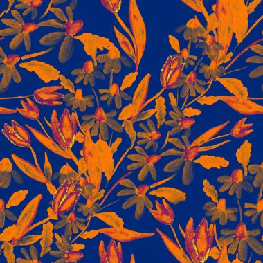 Bahar çiçekleriyle suluboya kusursuz desen. Klasik botanik çizimi. Her türlü tasarım için zarif bir dekorasyon. Renkli ve soyut çiçekli moda baskısı. Suluboya dokusu.