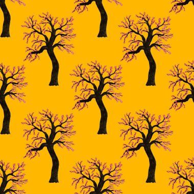 Çiçek açan bahar ağaçlarıyla suluboya kusursuz desen. El çizimi soyut manzara arka planı. Her tür tasarım için güzel bir bahar baskısı.