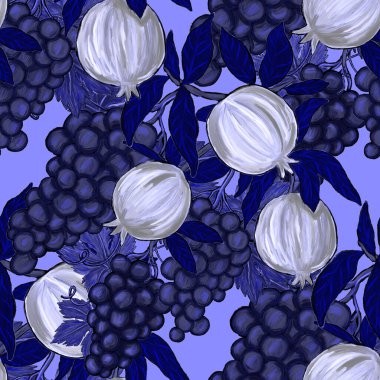 Meyveli, limonlu, portakallı, üzümlü ve narlı yaratıcı kusursuz desen. Yağlı boya etkisi. Parlak yaz baskısı. Her amaç için harika bir tasarım