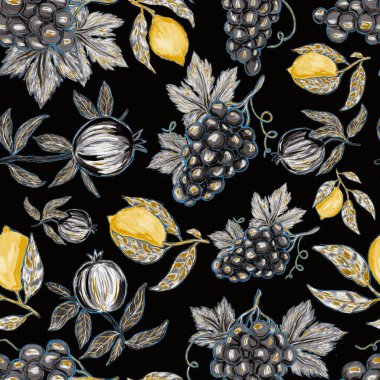Meyveli, limonlu, portakallı, üzümlü ve narlı yaratıcı kusursuz desen. Yağlı boya etkisi. Parlak yaz baskısı. Her amaç için harika bir tasarım