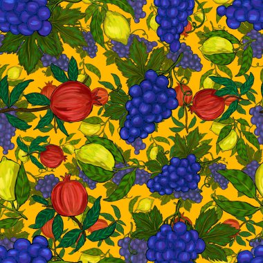 Meyveli, limonlu, portakallı, üzümlü ve narlı yaratıcı kusursuz desen. Yağlı boya etkisi. Parlak yaz baskısı. Her amaç için harika bir tasarım