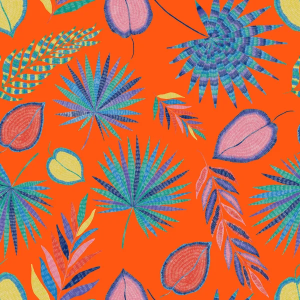 Padrão Abstrato Sem Costura Moderna Com Folhas Tropicais Coloridas Criativas — Fotografia de Stock