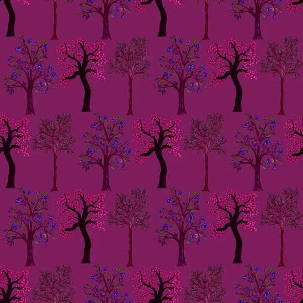 Bezszwowy Wzór Akwareli Kwitnącymi Wiosennymi Drzewami Ręcznie Rysowane Abstrakcyjne Tło — Zdjęcie stockowe