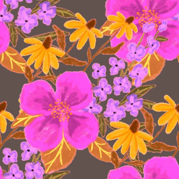 Kreativní Bezešvý Vzor Abstraktními Květy Nakreslenými Voskovými Pastelkami Jasně Barevný — Stock fotografie