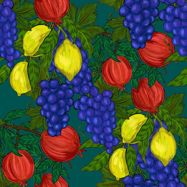 Meyveli, limonlu, portakallı, üzümlü ve narlı yaratıcı kusursuz desen. Yağlı boya etkisi. Parlak yaz baskısı. Her amaç için harika bir tasarım