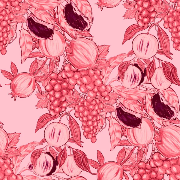 Creative seamless pattern with fruits: lemons, oranges, grapes and pomegranates. Oil paint effect. Bright summer print. Great design for any purposes