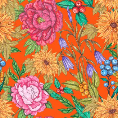 Çiçek buketli suluboya desenli. Klasik botanik çizimi. Her türlü tasarım için zarif bir dekorasyon. Renkli ve soyut çiçekli moda baskısı. Suluboya dokusu.