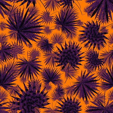 Yaratıcı renkli tropikal yaprakları olan modern, soyut, pürüzsüz desen. Geçmişe dönük parlak yaz geçmişi. Orman yaprakları çizimi. Mayo botanik tasarımı. Antika egzotik baskı.