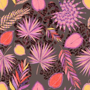 Yaratıcı renkli tropikal yaprakları ve leopar benekleri olan modern soyut ve pürüzsüz desen. Geçmişe dönük parlak yaz geçmişi. Orman yaprakları çizimi. Mayo botanik tasarımı. Antika egzotik baskı.