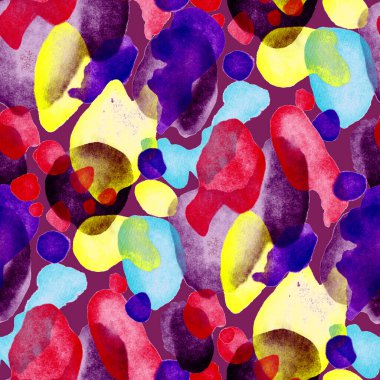 Suluboya, soyut, kusursuz desen. Parlak el yapımı elementlerle yaratıcı doku. Soyut renkli yazdırma.