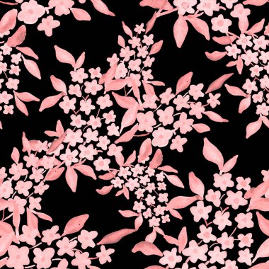 Bahar çiçekleriyle suluboya kusursuz desen. Klasik botanik çizimi. Her türlü tasarım için zarif bir dekorasyon. Renkli ve soyut çiçekli moda baskısı. Suluboya dokusu.