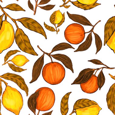 Meyveli, limonlu, portakallı, üzümlü ve narlı yaratıcı kusursuz desen. Yağlı boya etkisi. Parlak yaz baskısı. Her amaç için harika bir tasarım