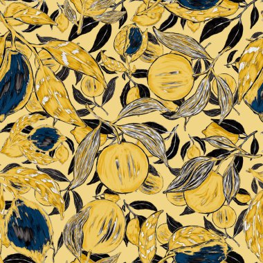 Meyveli, limonlu, portakallı, üzümlü ve narlı yaratıcı kusursuz desen. Yağlı boya etkisi. Parlak yaz baskısı. Her amaç için harika bir tasarım